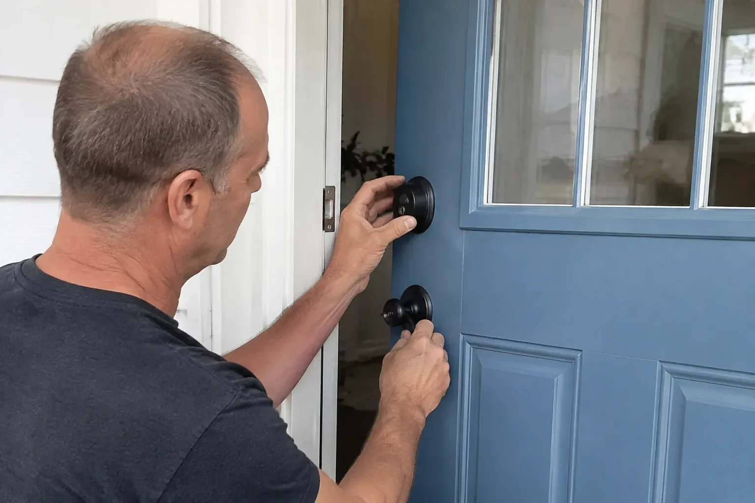 Person holding the black deadbolt and doorknob of a partly open blue front door. — Deadbolt Installation, Kawartha Lakes