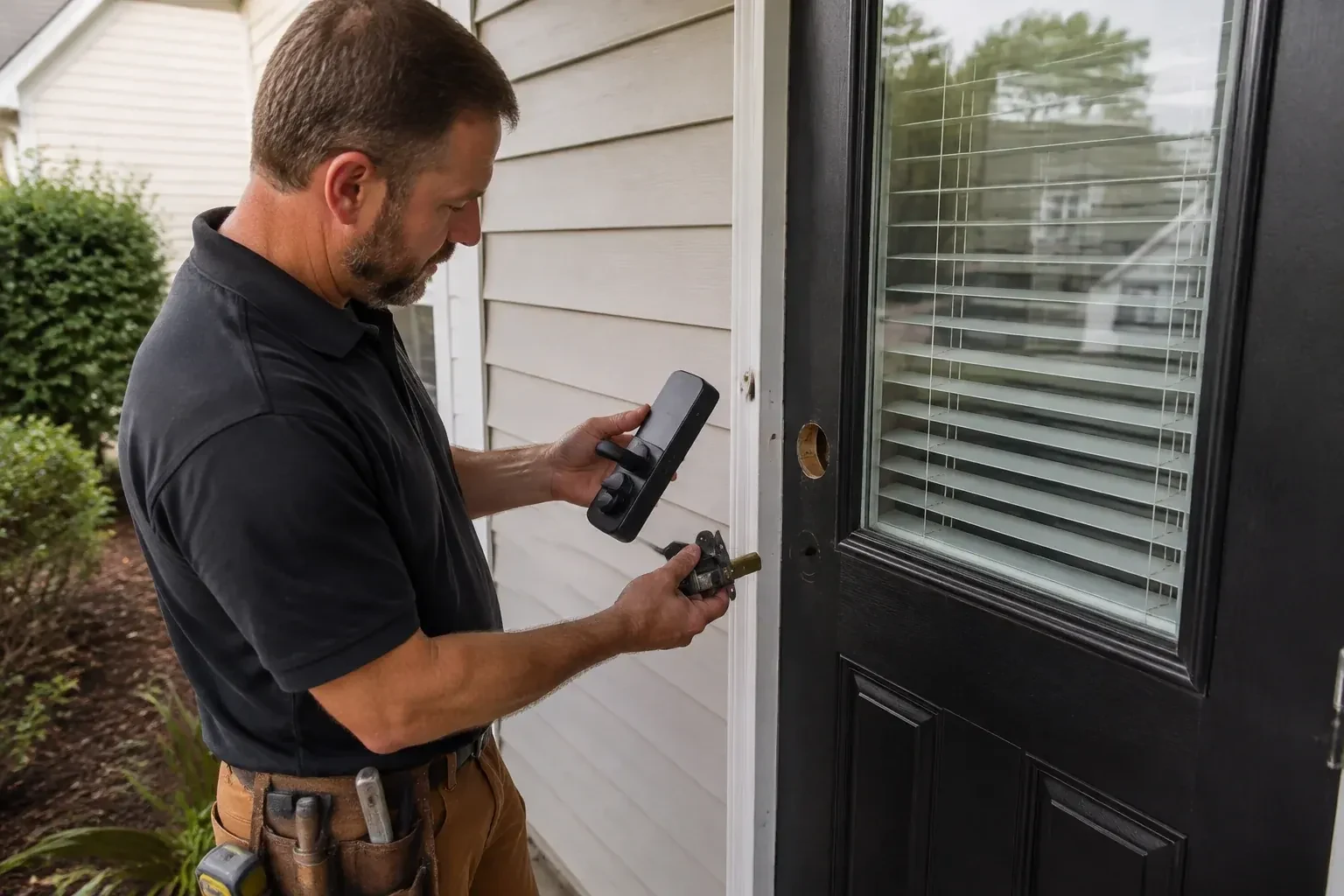 Person holding a black door-handle assembly and a latch beside a glazed door with exposed lock openings. — Smart Lock Installation, Kawartha Lakes