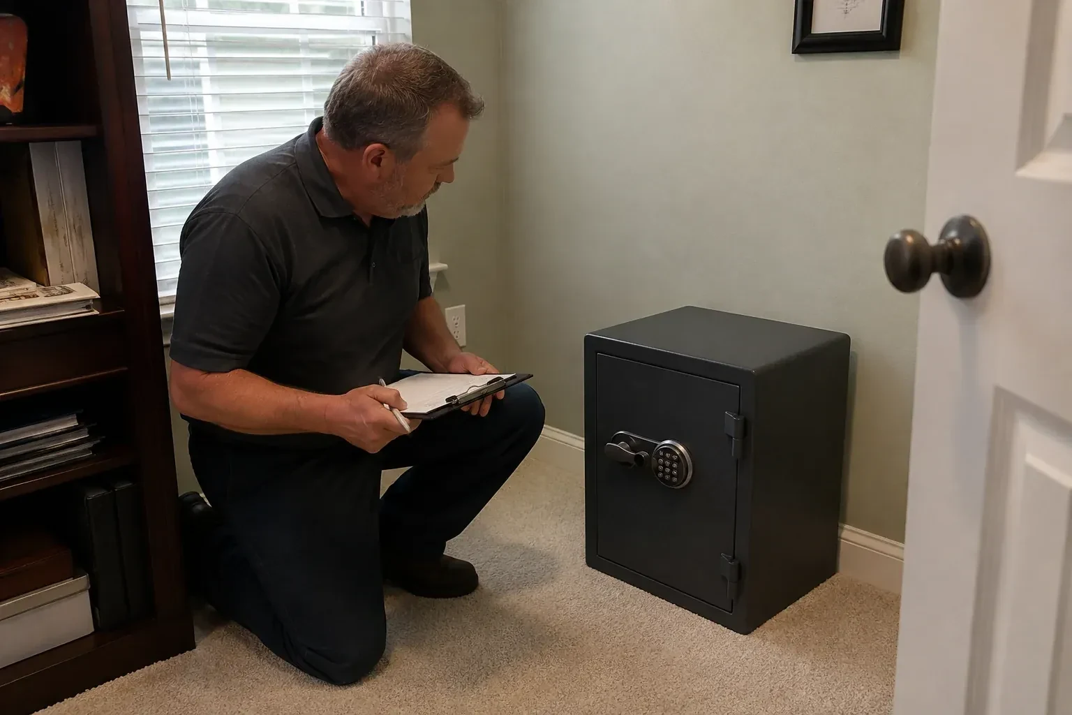 Person holding a clipboard beside a closed black safe with a circular keypad in a carpeted room. — Safe Installation & Servicing, Kawartha Lakes