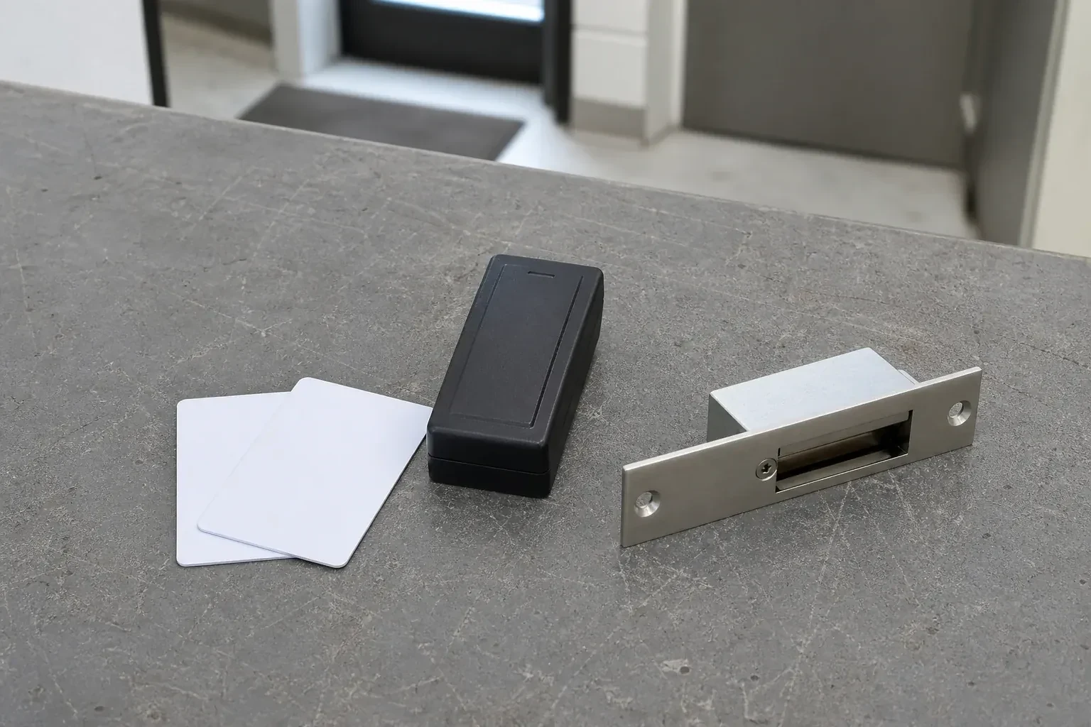 Detached card reader, two plain cards and an electric-strike component on a service bench. — Access Control Installation, Kawartha Lakes