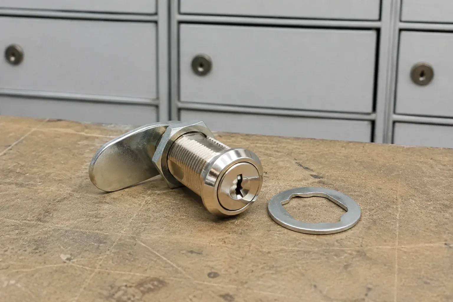 Detached threaded cam lock and mounting washer on a workbench in front of closed mail compartments. — Mailbox Lock Replacement, Kawartha Lakes