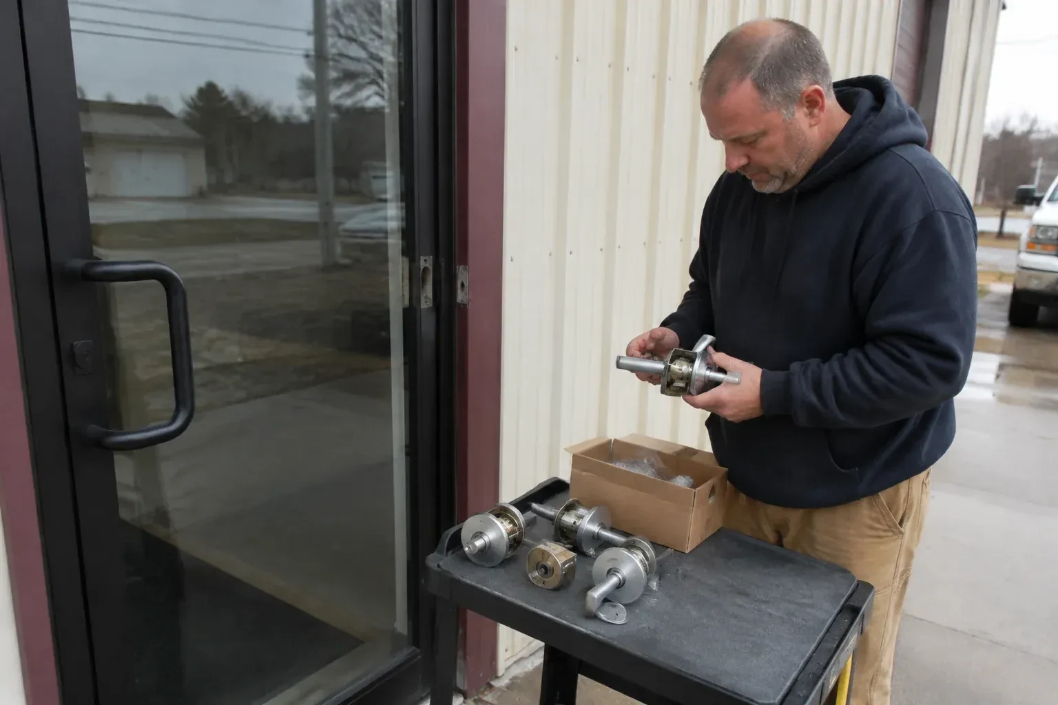 Person holding a door-handle assembly beside a glazed entrance, with more handle and lock components on a cart. — Commercial-Grade Lock Replacement, Kawartha Lakes