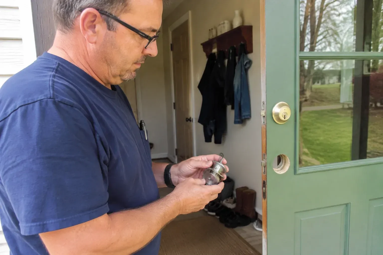Person holding a cylindrical door-lock assembly beside an open green glazed door with its lower lock opening exposed. — Seized & Jammed Lock Opening, Kawartha Lakes