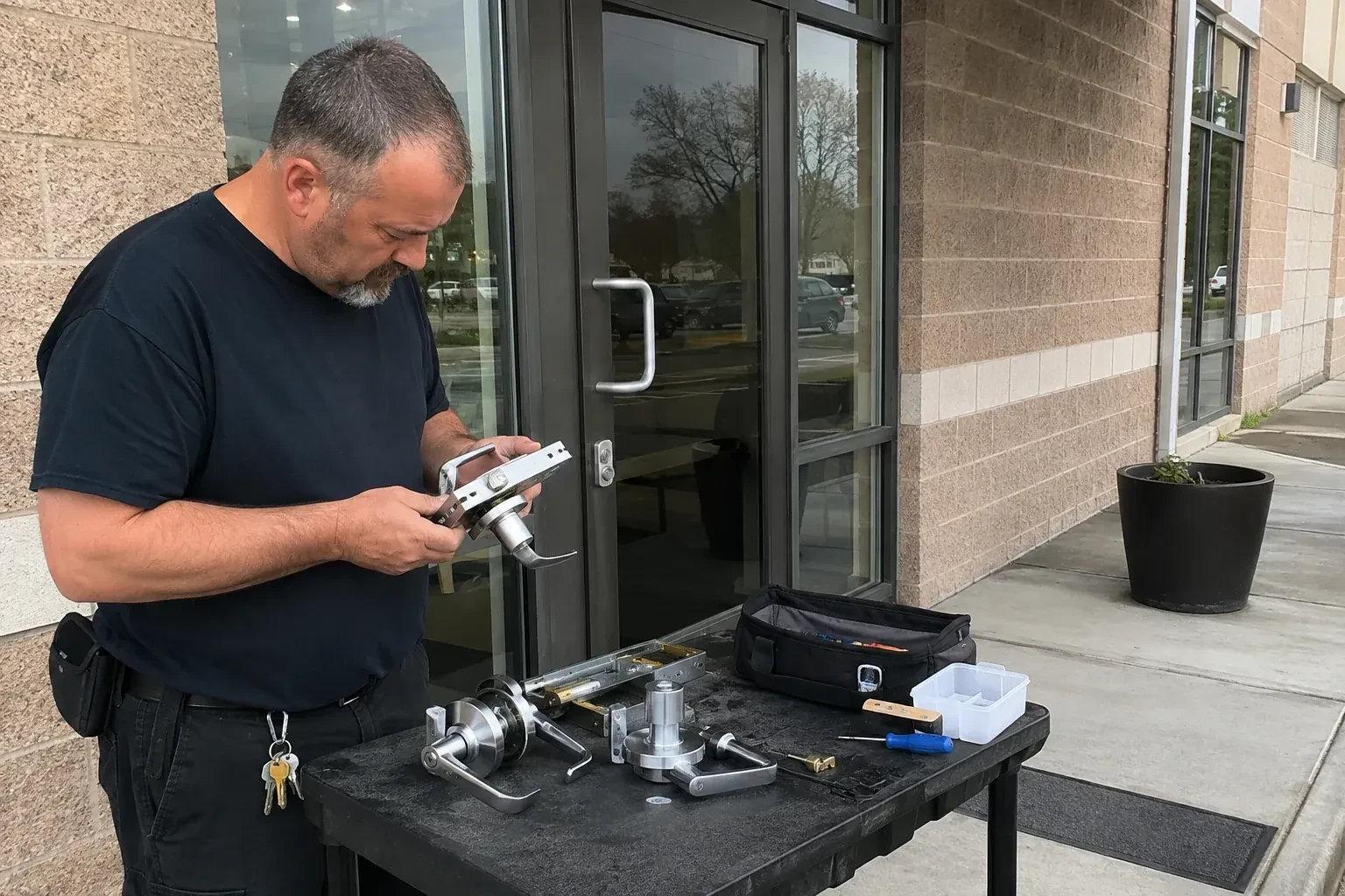 Person holding a door-handle and latch assembly at a worktable outside a glass entrance, with additional handles and tools laid out. — Commercial Rekeying, Kawartha Lakes