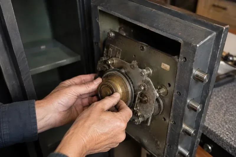 Hands holding a round metal component against the exposed mechanism inside an open safe door. — Safe Opening & Combination Change, Kawartha Lakes