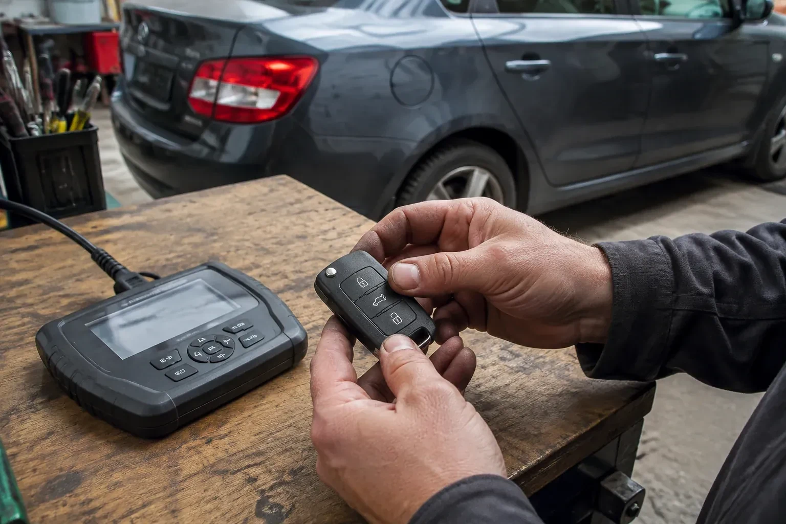Hands holding a black car key fob above a workbench, beside a wired handheld device with a screen. — Car Key Replacement, Kawartha Lakes
