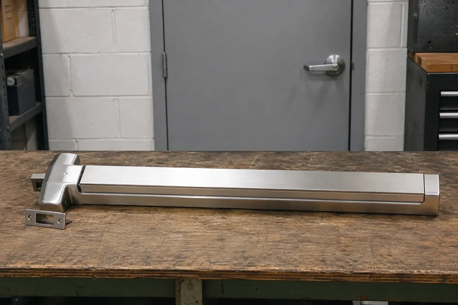 Detached horizontal exit device and separate strike component on a workshop bench. — Panic & Exit Hardware, Kawartha Lakes