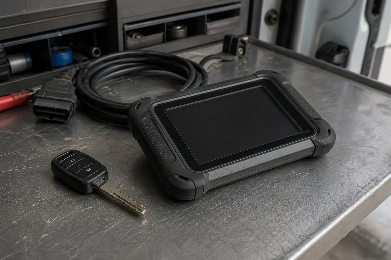 Vehicle key beside a dark diagnostic tablet and coiled connector cable on a workbench. — Transponder Key Programming, Kawartha Lakes