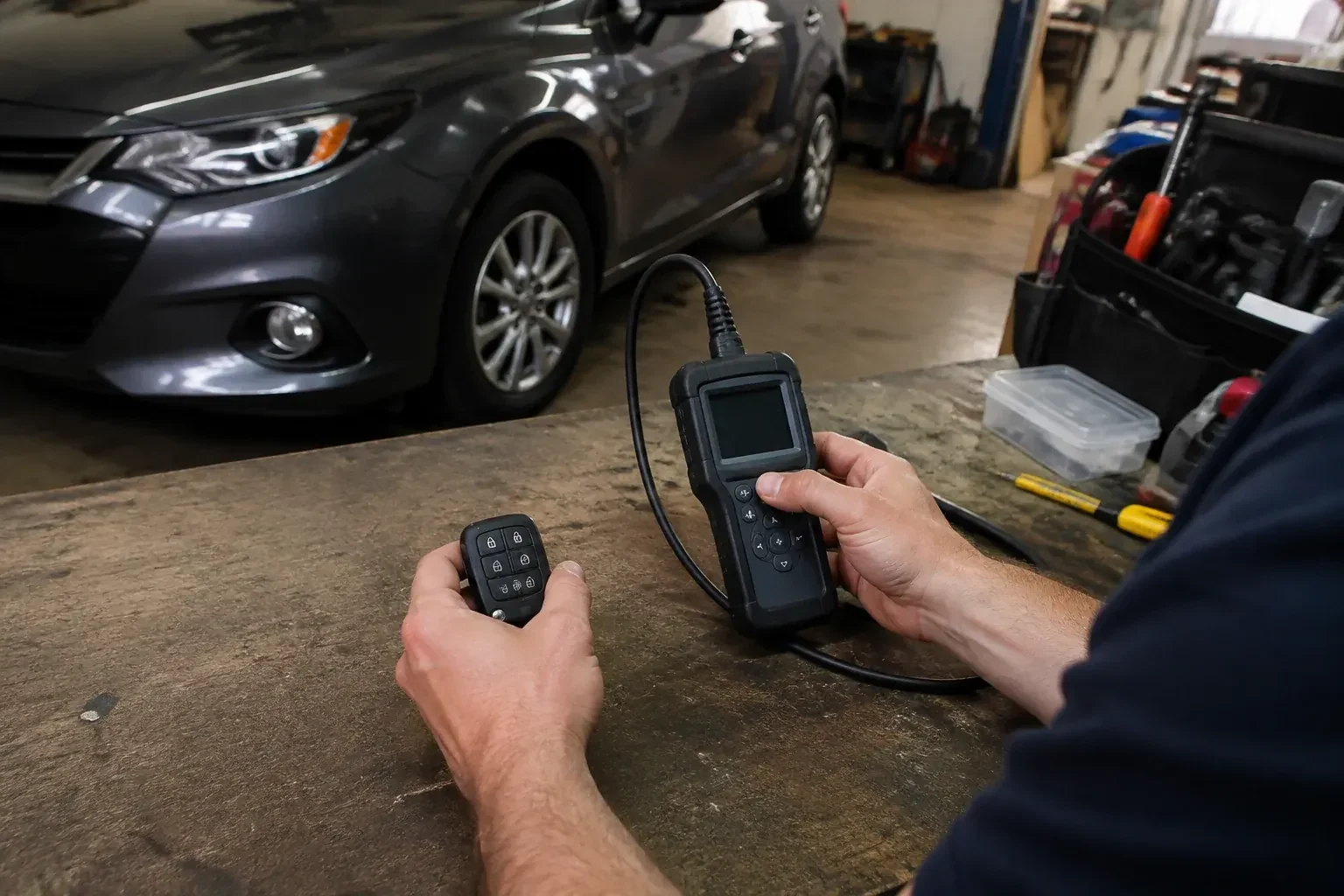 Hands holding a car-key fob and a small wired electronic device above a workbench in a garage with a parked car. — Key Fob Programming, Kawartha Lakes