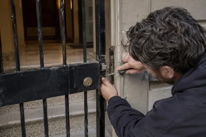 Person using a screwdriver beside the latch of a black barred entrance gate. — Gate & Building Entry Locks, Kawartha Lakes
