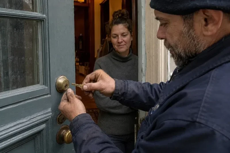 Person holding a key beside a brass-colored deadbolt on an open painted door while another person watches from inside. — Home Lockout Service, Kawartha Lakes