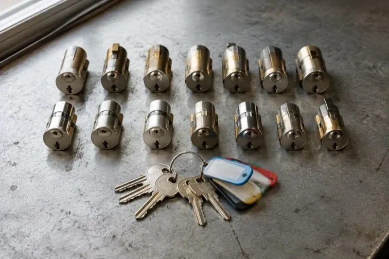 Two rows of lock cylinders on a metal surface with keys and colored key tags in front. — Master Key System Design, Kawartha Lakes