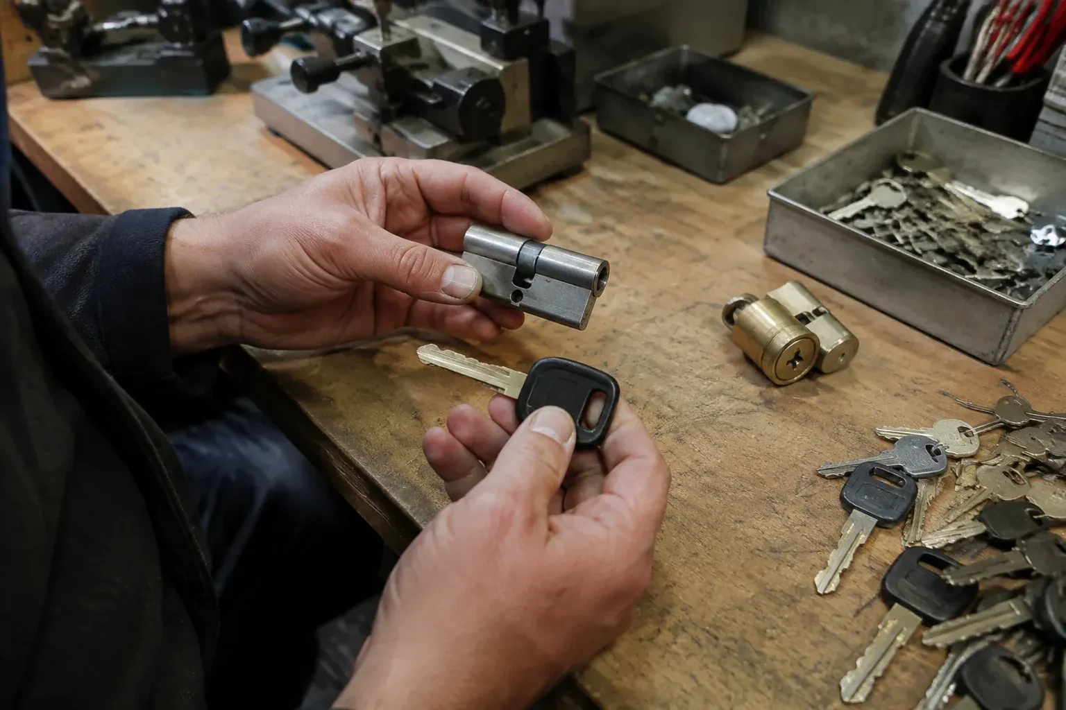 Hands holding a silver-colored lock cylinder and a black-headed key above a workbench with loose keys and another cylinder. — Spare Car Key Duplication, Kawartha Lakes