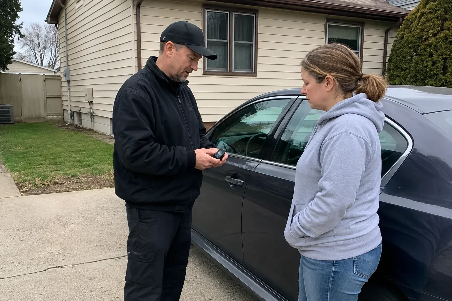 Two people standing beside a parked sedan, one wearing a cap and holding a small black device. — Vehicle Lock Repair, Kawartha Lakes