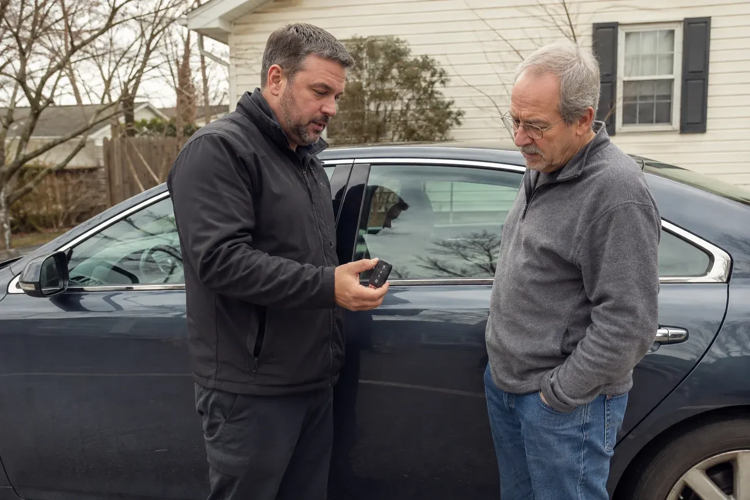 Two people beside a dark sedan, one holding up a black key fob. — Car Lockout Service, Kawartha Lakes